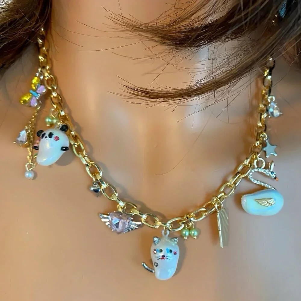 Betsey Johnson Jeweled Critters Charm Necklace & Mini Travel Jewelry Bag